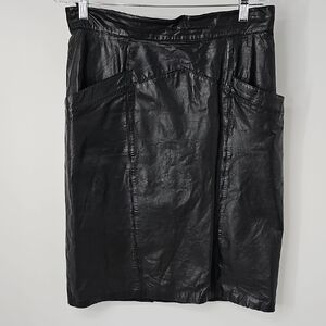 VTG Toffs Genuine Leather Black Midi Skirt w Deep Front Pockets & Back Slit Goth